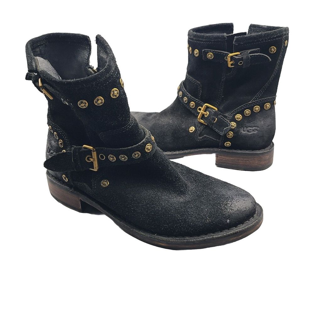 Ugg Women Boots Fabrizia Studded Moto Black Suede Leather Zipper Sz 7.5